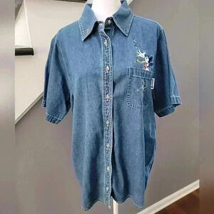 Mickey Unlimited 14W 16W Blue Jean Button Up Top Shirt Mickey Short Sleeve